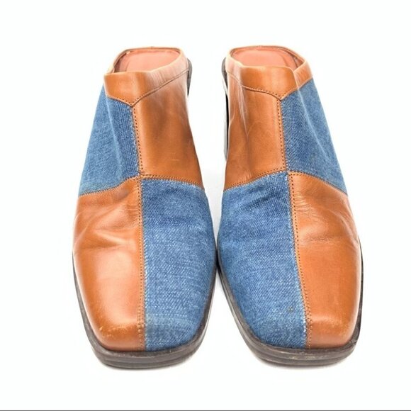 Worthington Napa heels size 8 cognac leather denim square toe mules western 90s - Picture 2 of 11